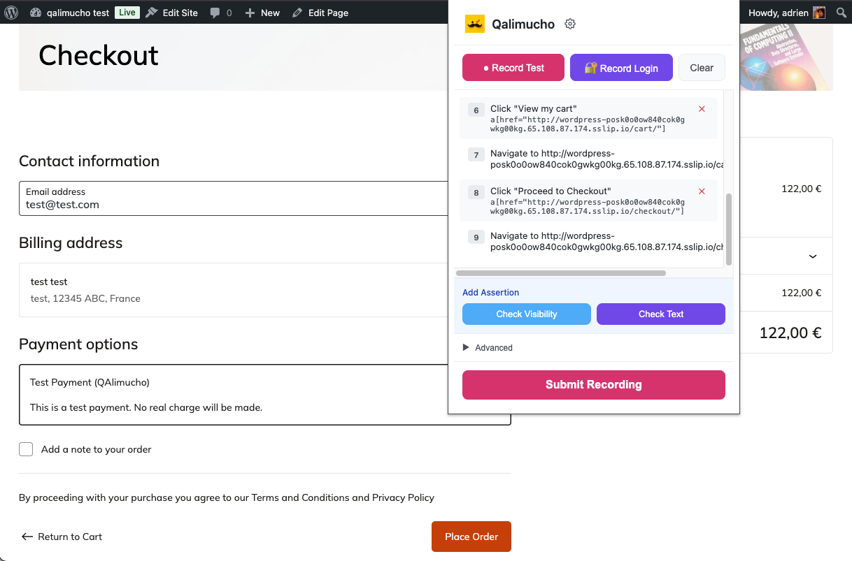 QAlimucho Chrome extension recording a checkout flow